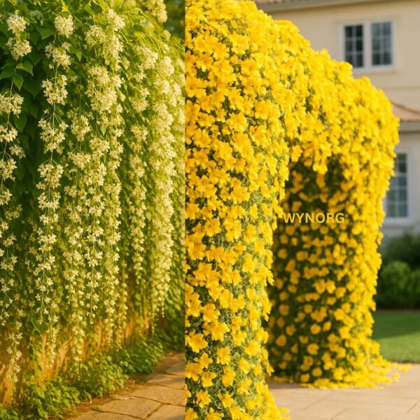 cat's claw & manimulla jasmine | yellow & white flowering vine combo | fast cover for fences & trellises cat's claw & manimulla jasmine | yellow & white flowering vine combo | fast cover for fences & trellises