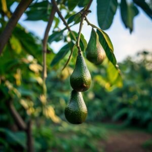 botanical photography of 034 avocado visual appearance dark green pear shaped avocado fruits hangi