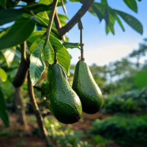 botanical photography of lamb hass avocado visual appearance dark green pear shaped avocado fruits