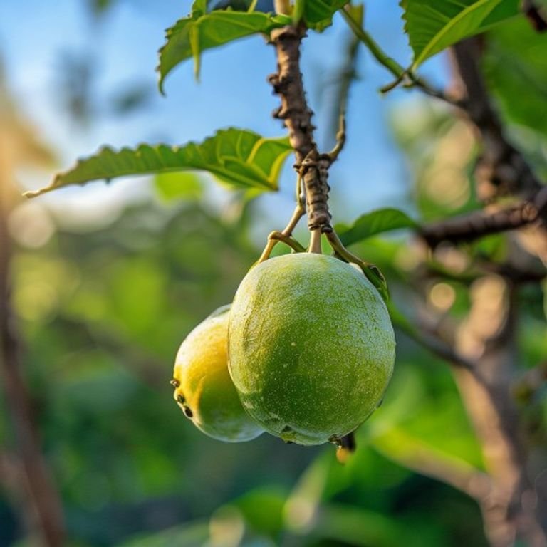 botanical photography of madhuri guava visual appearance round green yellow guava fruits hanging o