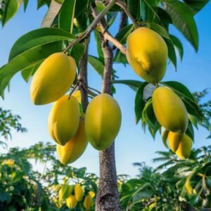 botanical photography of mango tree mangifera indica visual appearance large kidney shaped yello