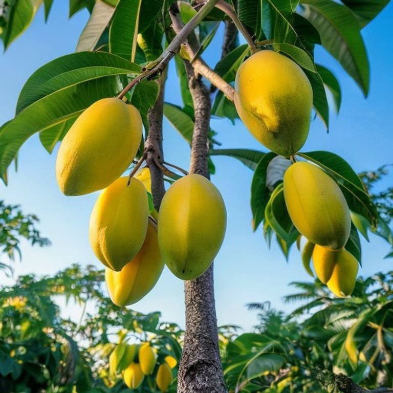 botanical photography of mango tree mangifera indica visual appearance large kidney shaped yello