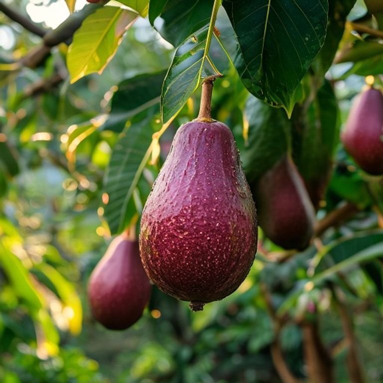 botanical photography of pinkerton avocado visual appearance dark green pear shaped avocado fruits