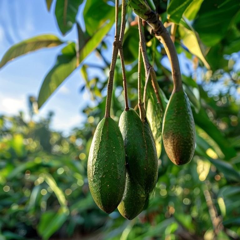 botanical photography of reed avocado visual appearance dark green pear shaped avocado fruits hang