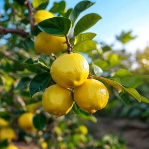 botanical photography of seedless lemon visual appearance bright yellow oval lemon fruits on small