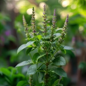 botanical photography of tulsi ocimum tenuiflorum visual appearance small oval aromatic green le